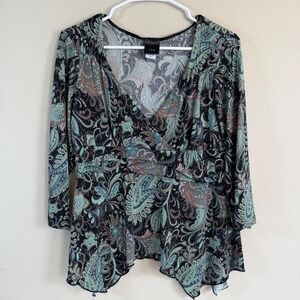 Paisley Surplice Top XL Boho Asymmetrical Hem 3/4 Sleeve Fairy Goth Witchy VNeck